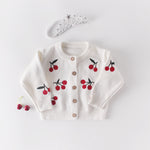 Baby Girls Solid Cartoon Cherry Embroidered Button Cardigan Coat Knitting Sling One-piece Suit - PrettyKid