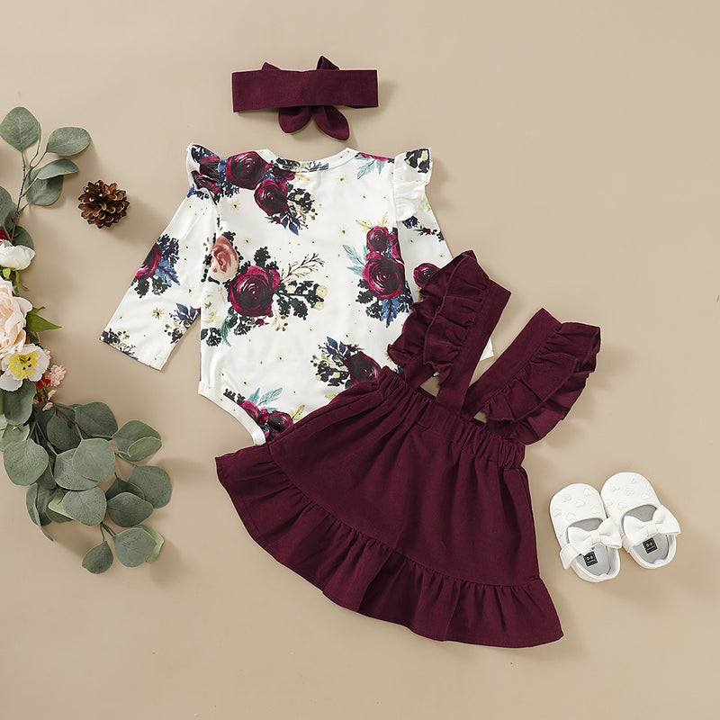 Baby Girls Floral Print Ruffle Jumpsuit Solid Color Straps Dress Set - PrettyKid