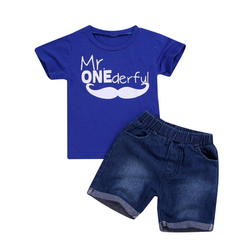 3M-3Y Baby Boys Clothes Sets Beard Letter T-Shirts & Denim Shorts Wholesale Baby Clothing - PrettyKid