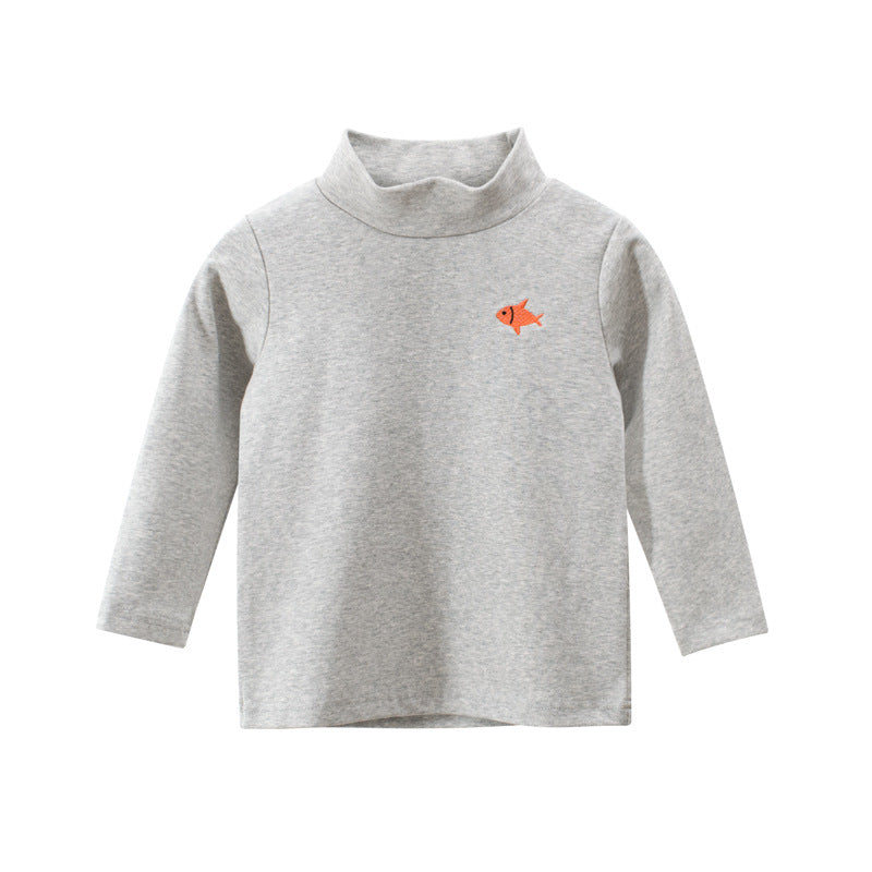 Toddler Kids Boys Solid Colour Half Turtleneck Small Fish Embroidered Long Sleeve T-shirt Top - PrettyKid