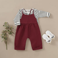 Toddler Kids Girls Knitted Cotton Stripe Long Sleeve Top Woven Suspender Pants Set - PrettyKid