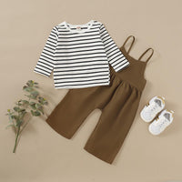 Toddler Kids Girls Knitted Cotton Stripe Long Sleeve Top Woven Suspender Pants Set - PrettyKid