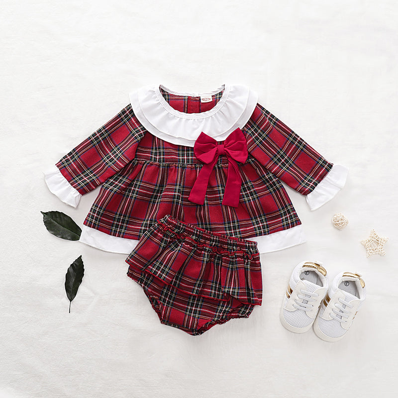Baby Girls Red Plaid Long Sleeve Shirt Shorts Christmas Suit - PrettyKid