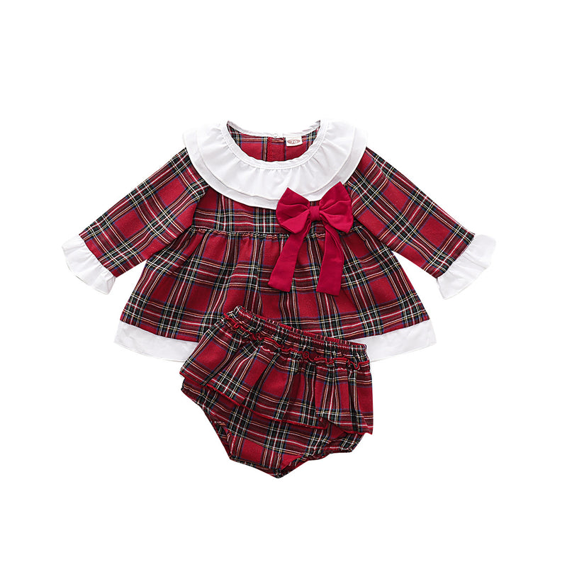 Baby Girls Red Plaid Long Sleeve Shirt Shorts Christmas Suit - PrettyKid