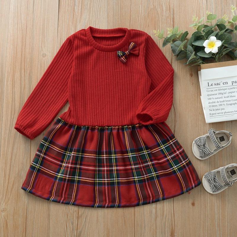 Girls Knitted Plaid Lovely Long Sleeve Dress Christmas Dress - PrettyKid