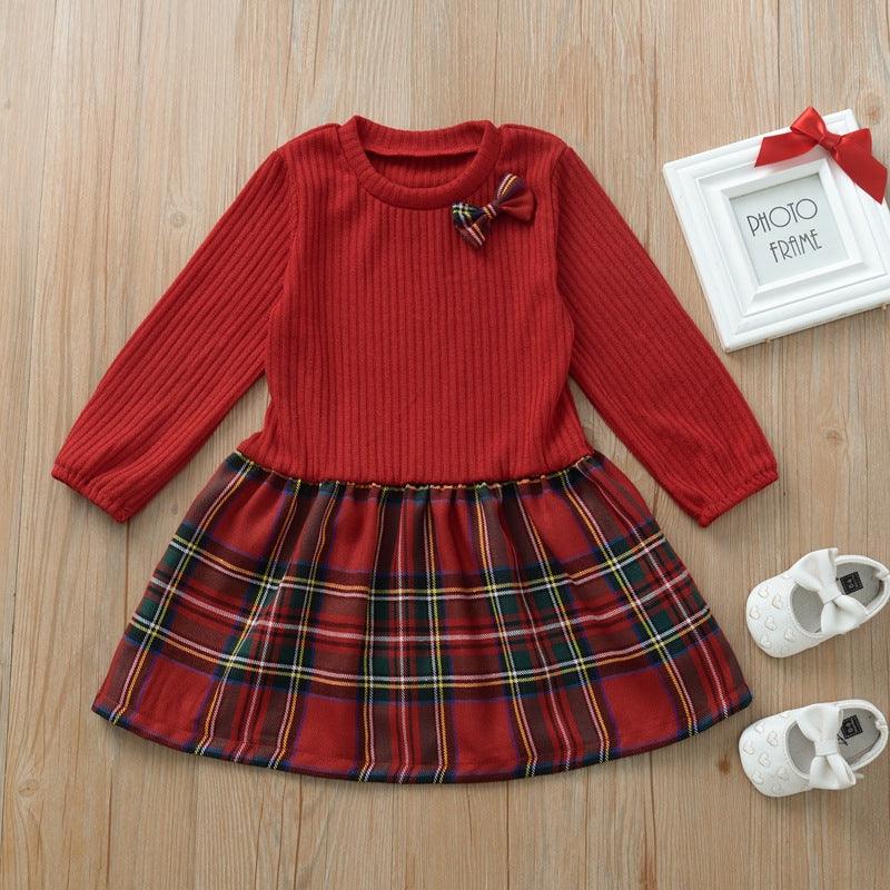 Girls Knitted Plaid Lovely Long Sleeve Dress Christmas Dress - PrettyKid