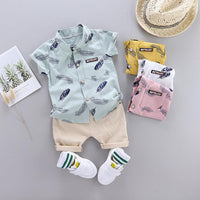 Toddler Boy Leather Pattern Short Sleeves Shirt with Bottom one Set Wholesale Boy Clothing - PrettyKid