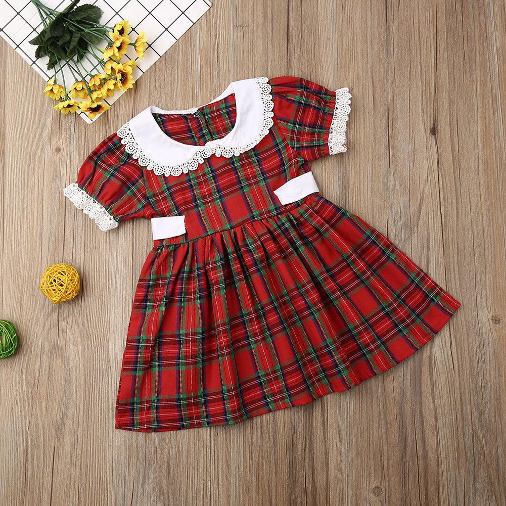 Toddler Kids Girls' Short Sleeved Doll Collar Red Plaid Splicing Lace Dress - PrettyKid