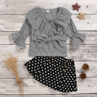 Stylish Girls Striped V-Neck Flared Sleeve Top And Polka Dot Skirt - PrettyKid