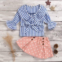 Stylish Girls Striped V-Neck Flared Sleeve Top And Polka Dot Skirt - PrettyKid