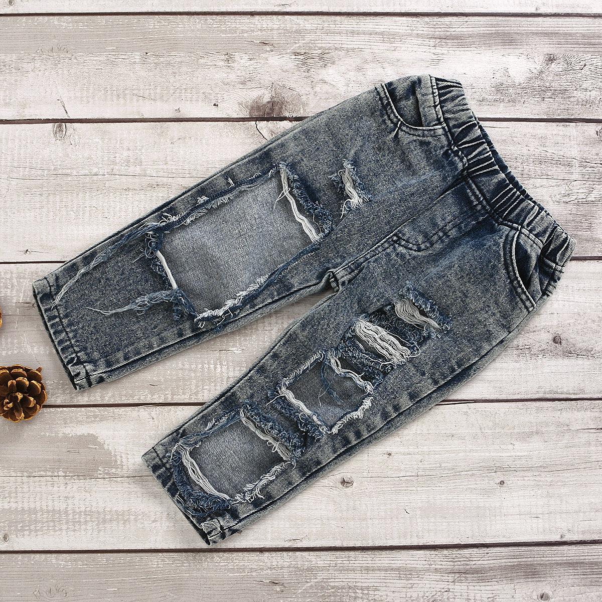 Toddler Kids Girls' Cotton Knitted Wool Ball Tops Broken Denim Pants Set - PrettyKid