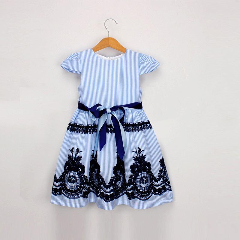 Girls Striped Embroidered Dress Belt Princess Dress - PrettyKid