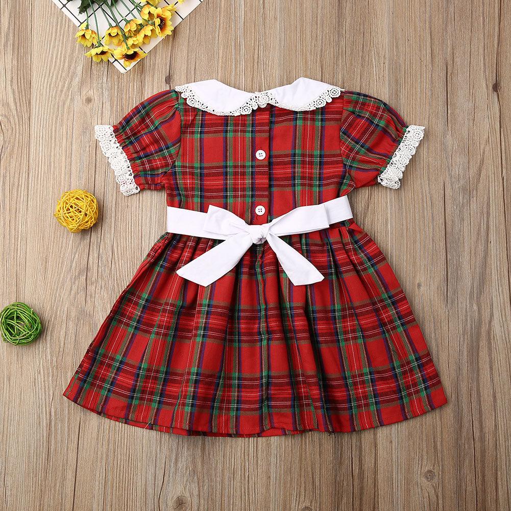 Toddler Kids Girls' Short Sleeved Doll Collar Red Plaid Splicing Lace Dress - PrettyKid