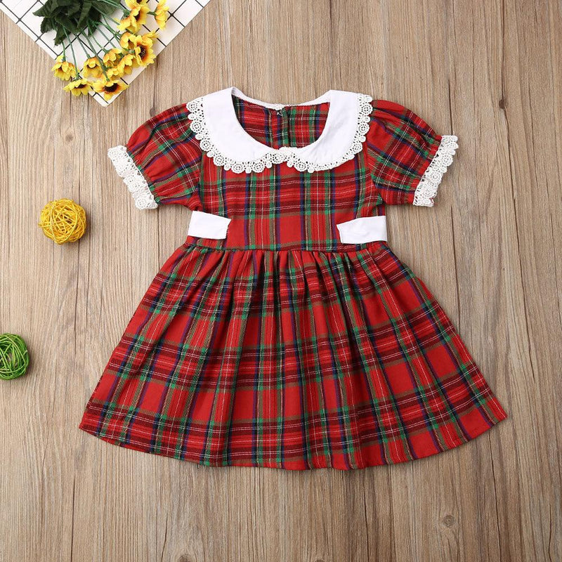 Toddler Kids Girls' Short Sleeved Doll Collar Red Plaid Splicing Lace Dress - PrettyKid