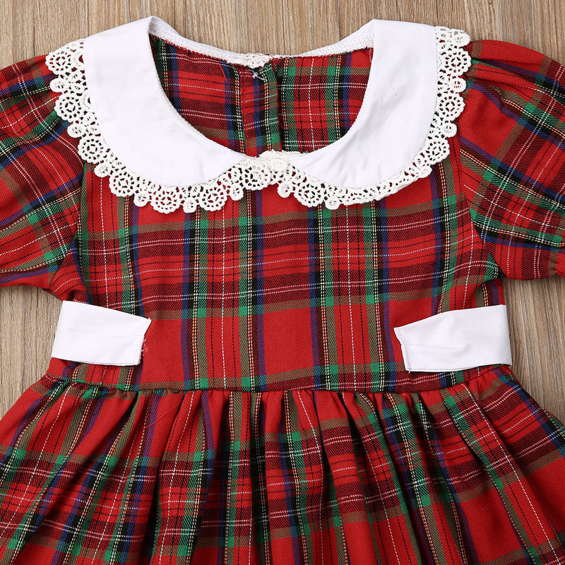 Toddler Kids Girls' Short Sleeved Doll Collar Red Plaid Splicing Lace Dress - PrettyKid