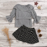 Stylish Girls Striped V-Neck Flared Sleeve Top And Polka Dot Skirt - PrettyKid