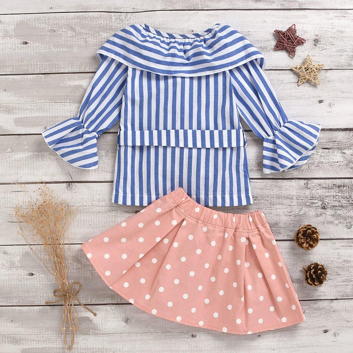 Stylish Girls Striped V-Neck Flared Sleeve Top And Polka Dot Skirt - PrettyKid