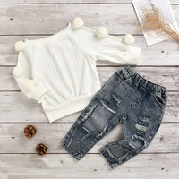 Toddler Kids Girls' Cotton Knitted Wool Ball Tops Broken Denim Pants Set - PrettyKid