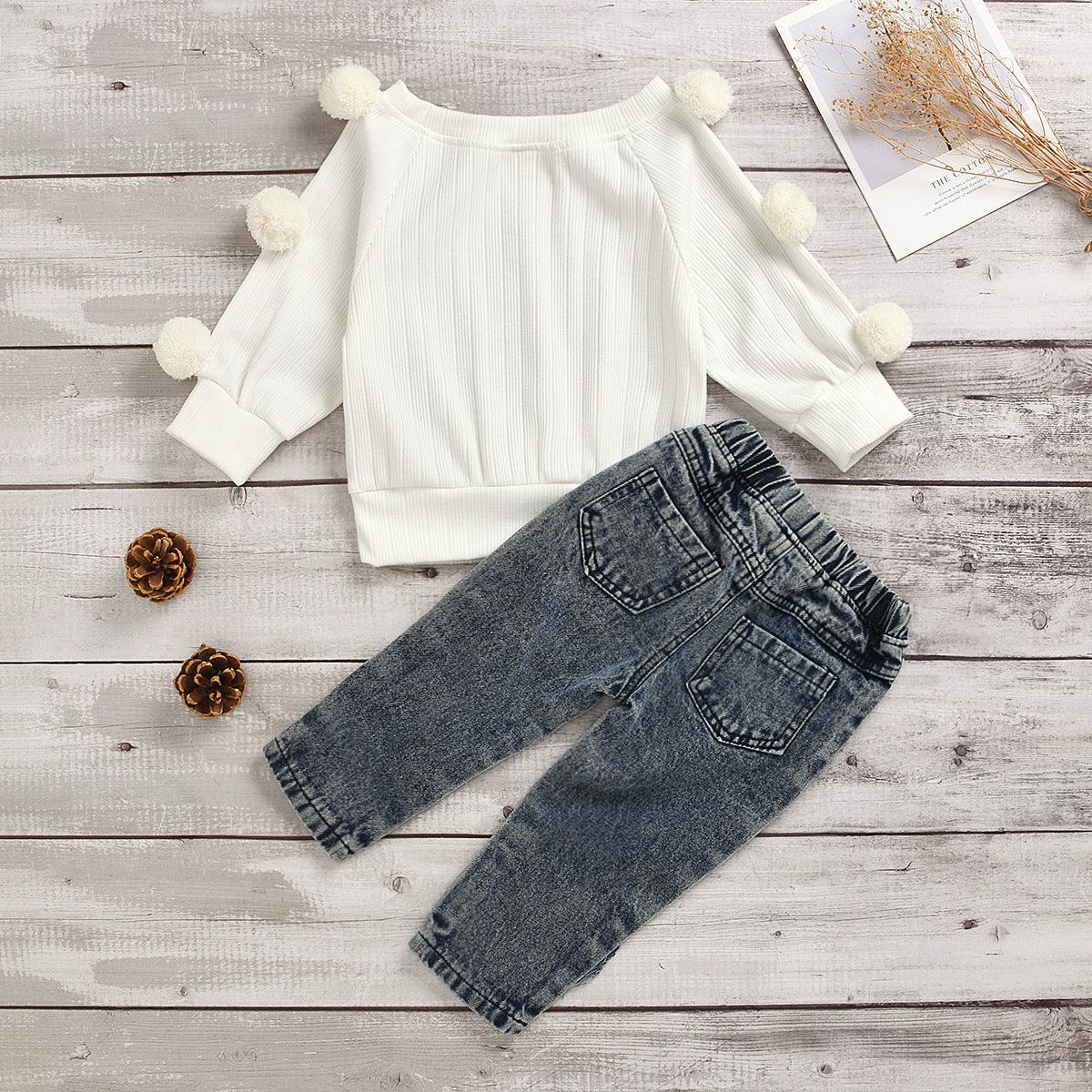 Toddler Kids Girls' Cotton Knitted Wool Ball Tops Broken Denim Pants Set - PrettyKid