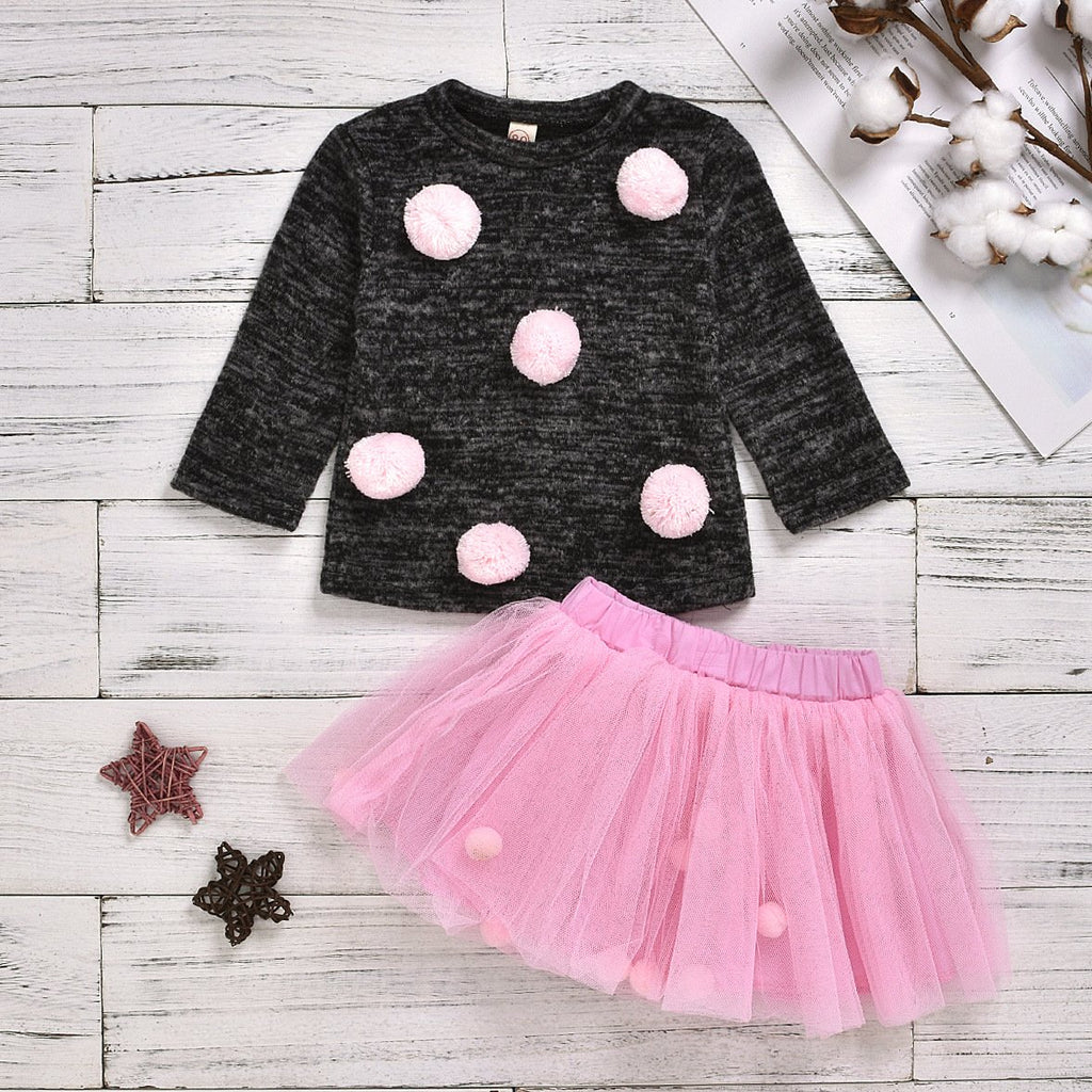 Toddler Girls Rabbit Fur Ball Long Sleeve Top And Mesh Fur Ball Skirt - PrettyKid
