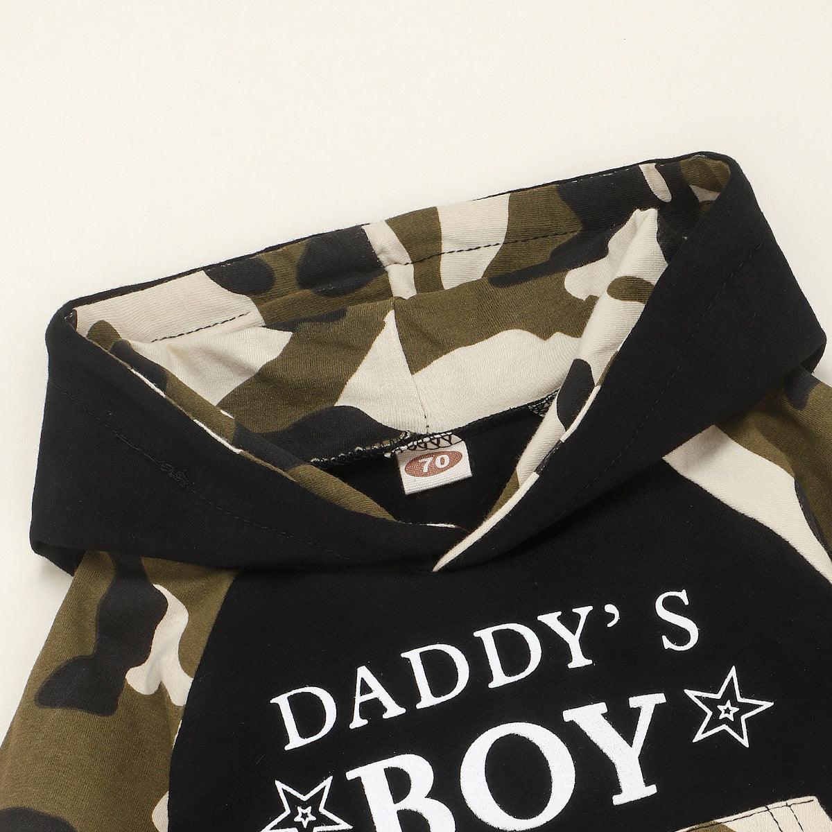 Toddler Kids Boys' Camouflage Daddy's Boy' Letter Print Hooded Long Sleeved Suit - PrettyKid