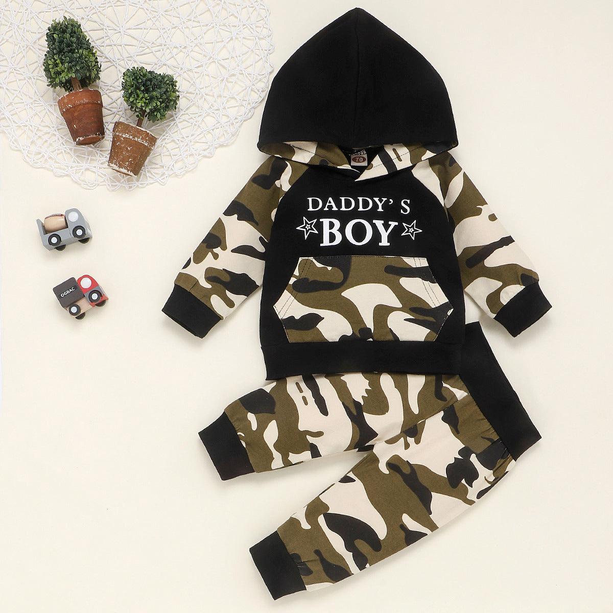 Toddler Kids Boys' Camouflage Daddy's Boy' Letter Print Hooded Long Sleeved Suit - PrettyKid