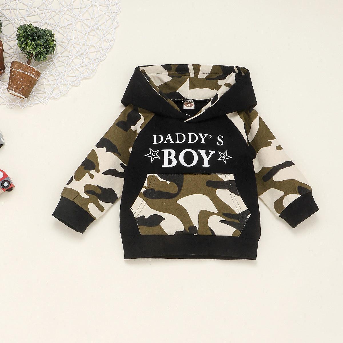 Toddler Kids Boys' Camouflage Daddy's Boy' Letter Print Hooded Long Sleeved Suit - PrettyKid