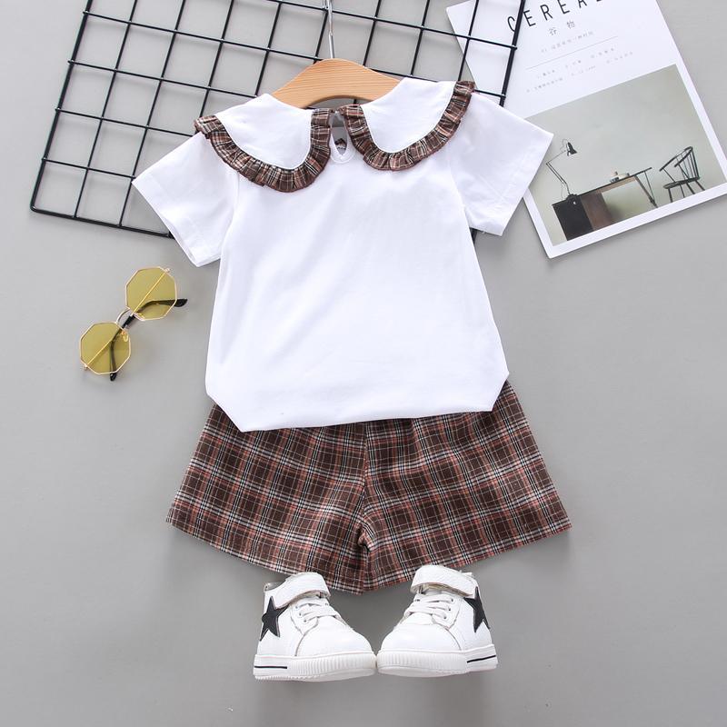 Toddler Girl Doll Collar T-shirt & Check A-line Shorts Wholesale Children's Clothing - PrettyKid