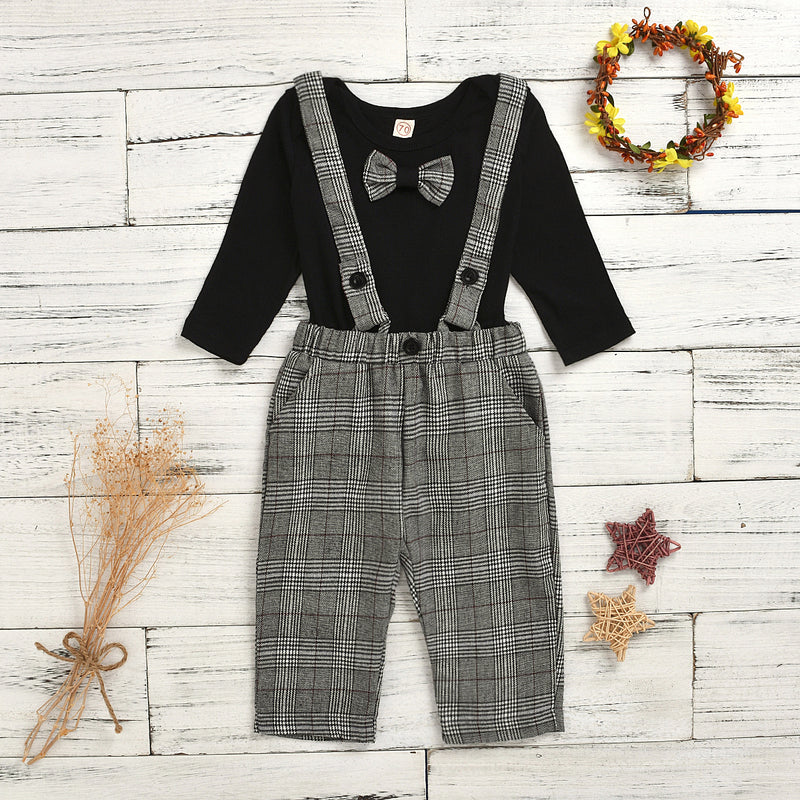 Toddler Kids Boys' Knitted Cotton Jumpsuit Plaid Suspender Suit - PrettyKid