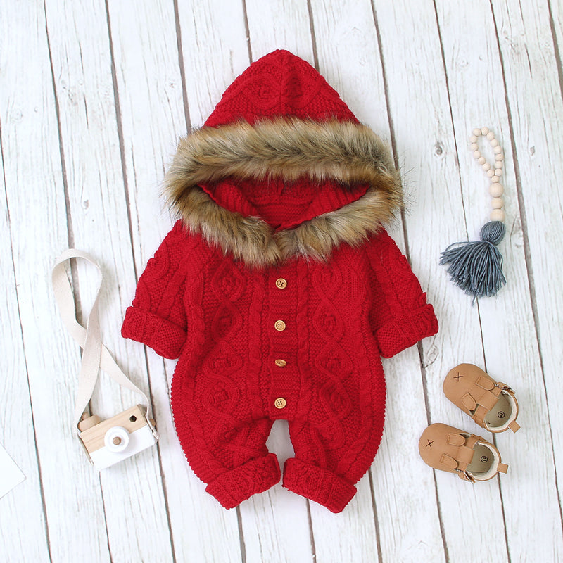 Baby Boys Girls Solid Color Hooded Fur Collar Knitted Bodysuit Crawl Suit - PrettyKid
