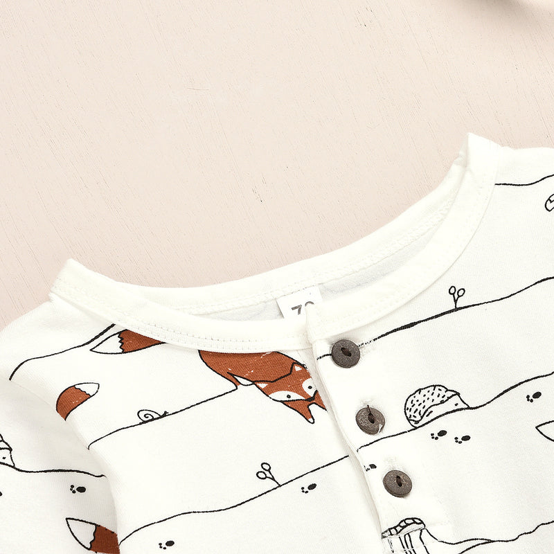 Infant fox cartoon printed long sleeve Jumpsuit + 2-piece Pants Set - PrettyKid