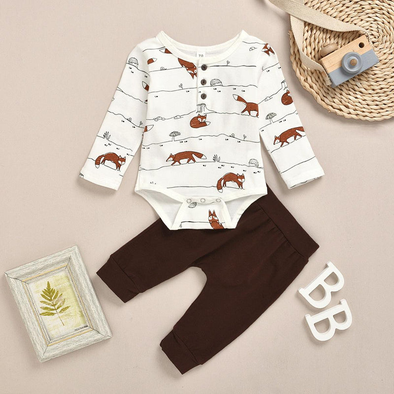 Infant fox cartoon printed long sleeve Jumpsuit + 2-piece Pants Set - PrettyKid