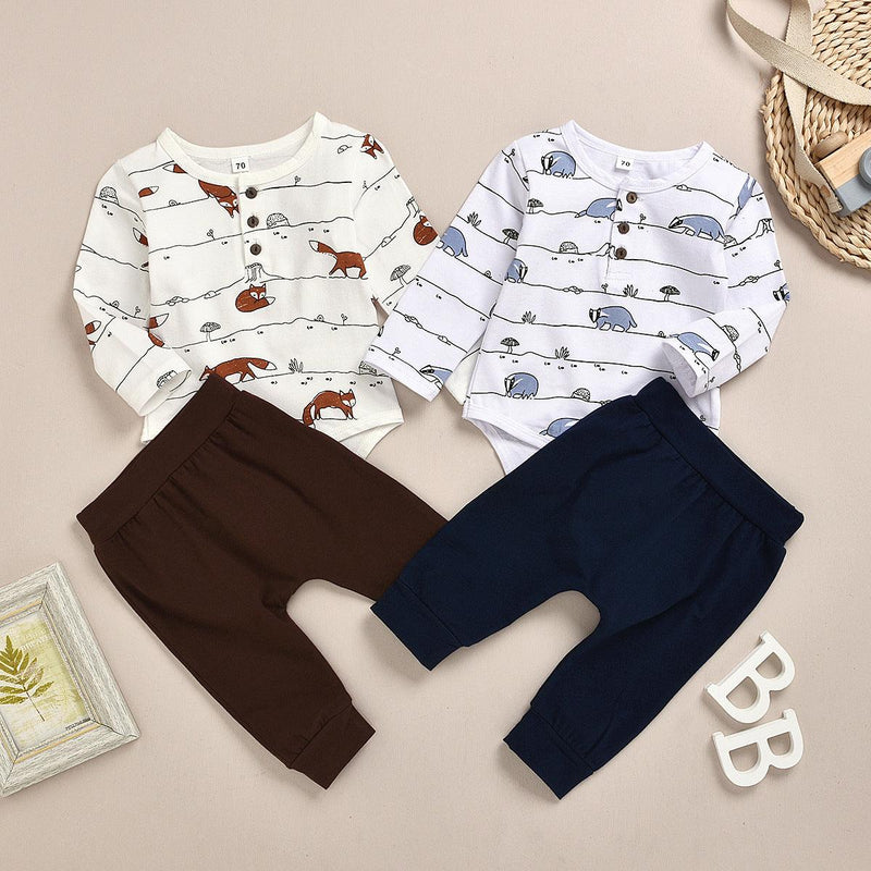 Infant fox cartoon printed long sleeve Jumpsuit + 2-piece Pants Set - PrettyKid