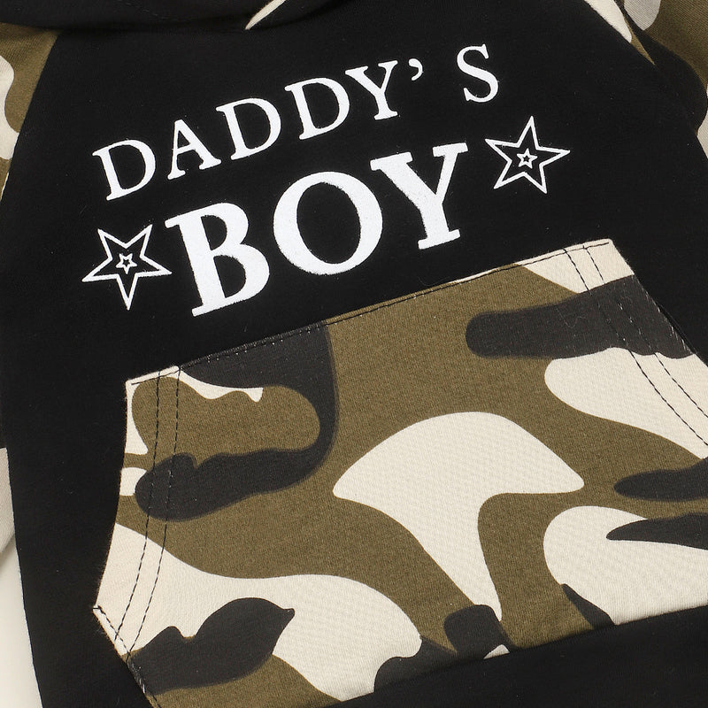 Toddler Kids Boys' Camouflage Daddy's Boy' Letter Print Hooded Long Sleeved Suit - PrettyKid