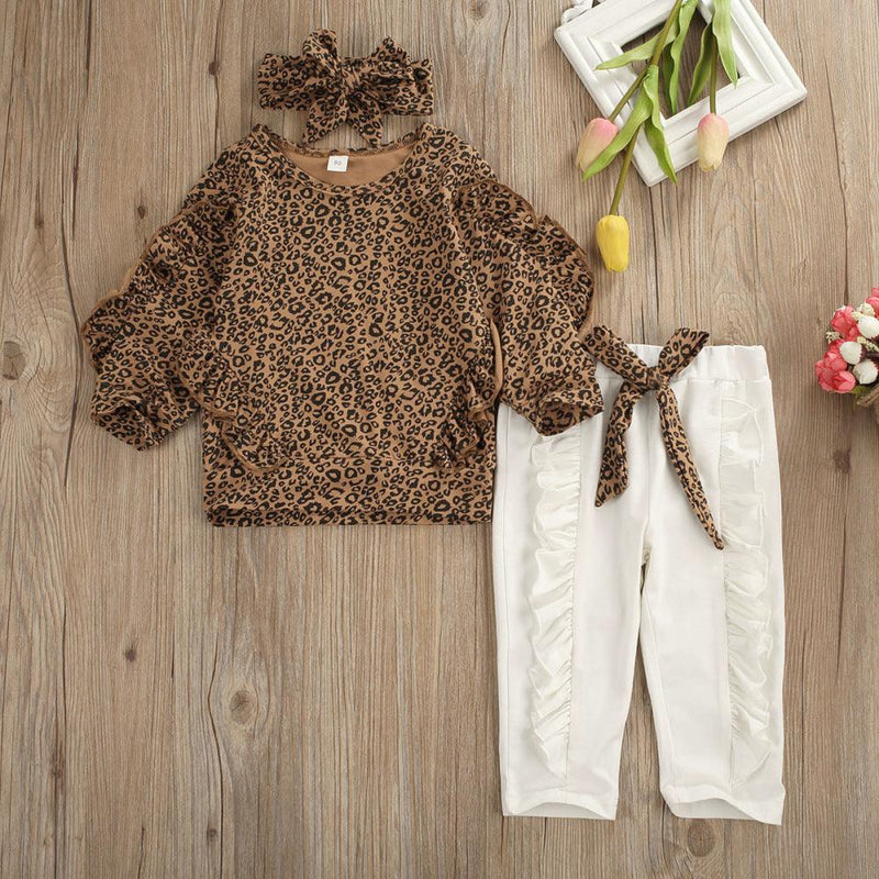 Toddler Kids Girls Round Neck Long Sleeve Leopard Print Top Solid Color Leopard BOW BELT Pants Set - PrettyKid