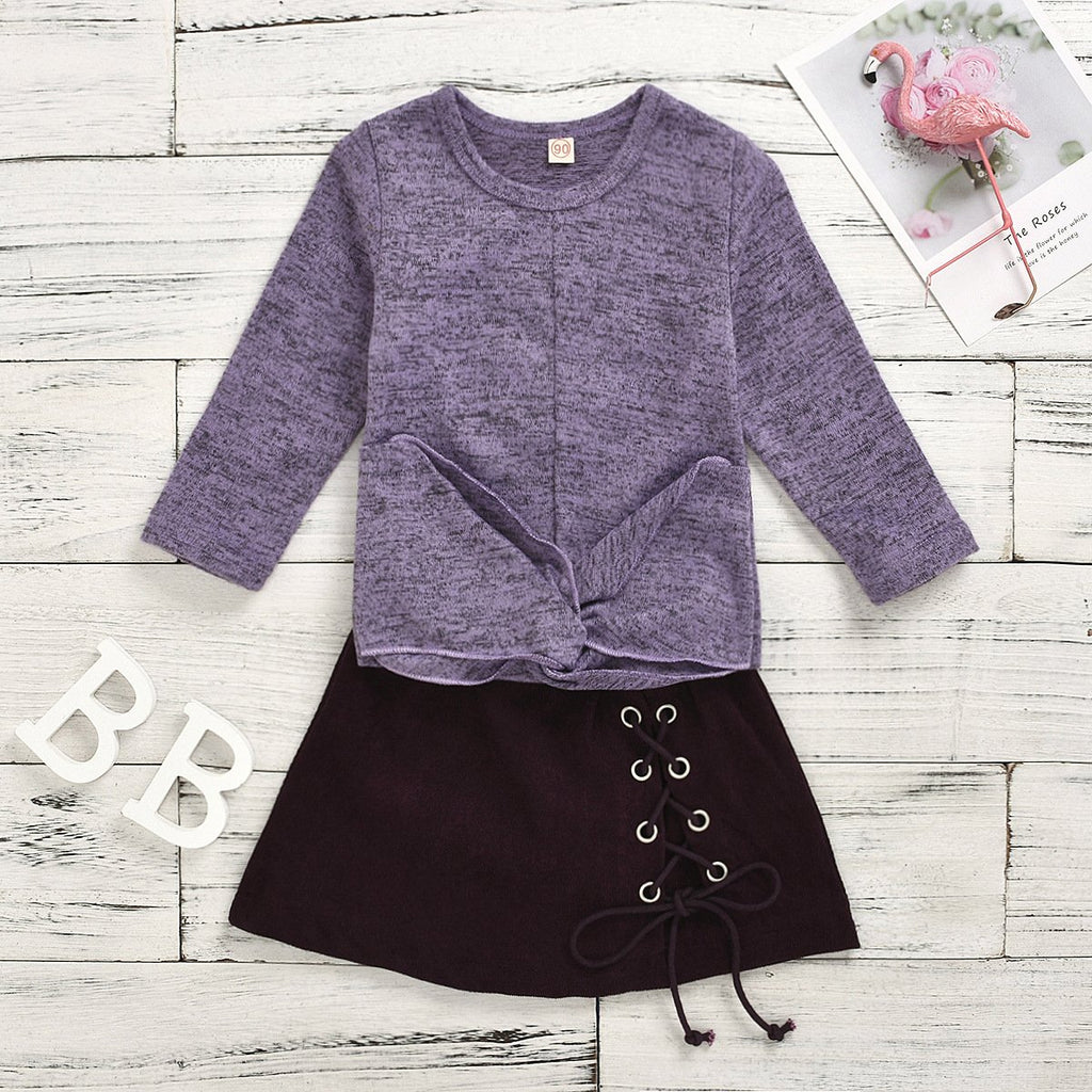 Fashionable Girls knit Pure Cotton Bow Tie-Back Top & Skirt - PrettyKid