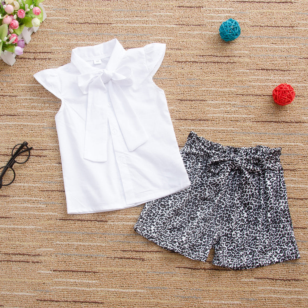 Bow White Shirt Leopard Shorts Set Children's Boutique Wholesale Suppliers - PrettyKid