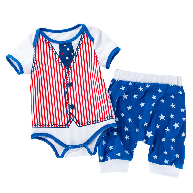 Independence Day New 0-2 Years Old Baby Short-sleeved Harness Shorts Two-piece Set - PrettyKid