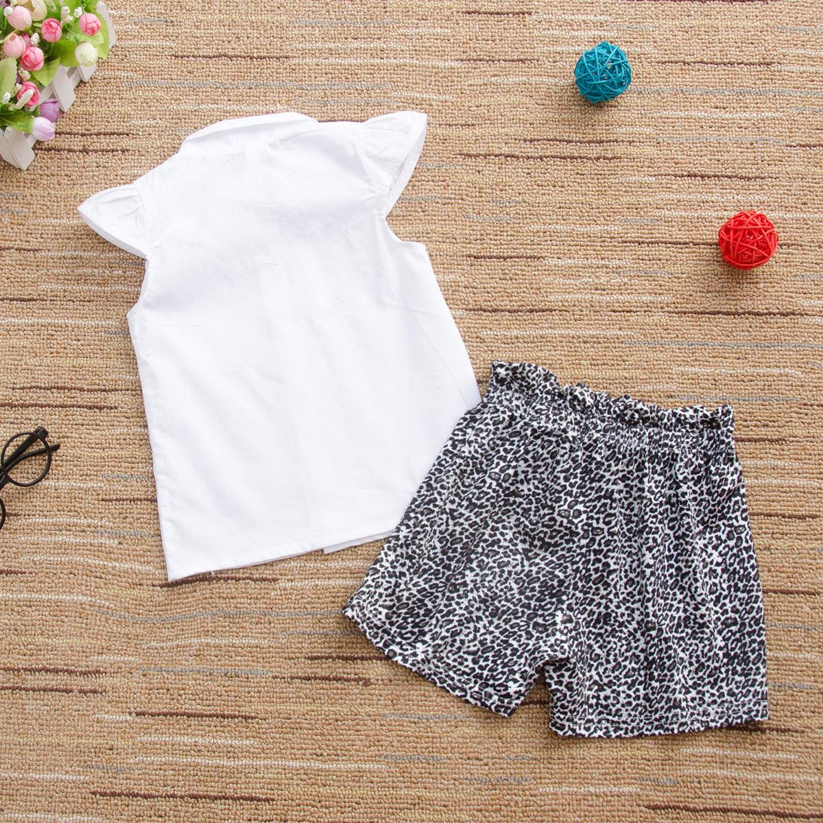 Bow White Shirt Leopard Shorts Set Children's Boutique Wholesale Suppliers - PrettyKid