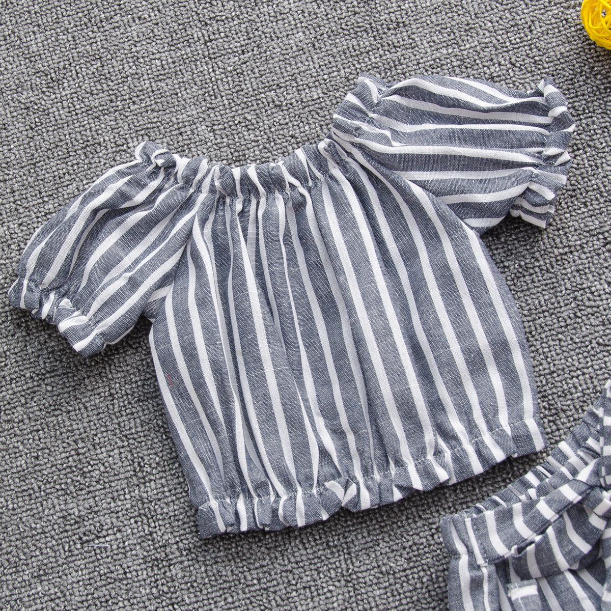 Toddler kids girls striped doll shirt lace shorts set - PrettyKid