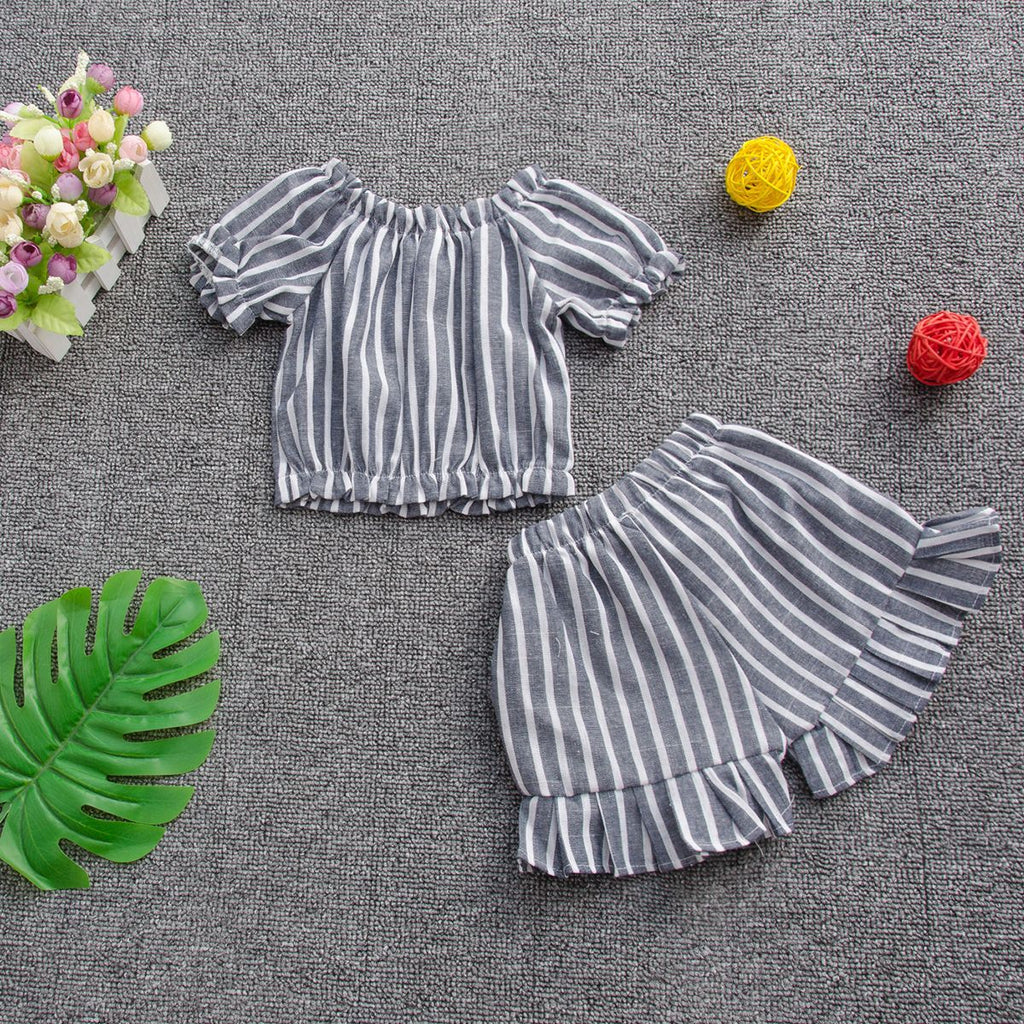 Toddler kids girls striped doll shirt lace shorts set - PrettyKid