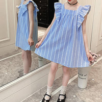 Kid Girl Ruffle sleeve Square Collar Blue Plaid Dress - PrettyKid