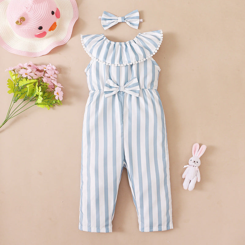 0-18M Baby Girls Striped Sleeveless Jumpsuit & Headband Wholesale Baby Clothes - PrettyKid