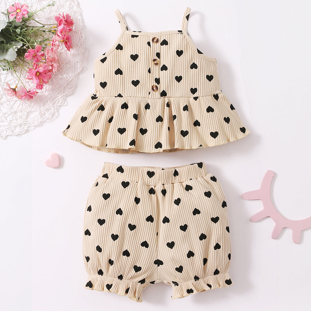 Baby Girl Heart Print Dress Top And Shorts Baby Girl Outfit Sets - PrettyKid