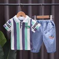 Toddler Boy Letter Print Striped POLO Shirt & Shorts - PrettyKid