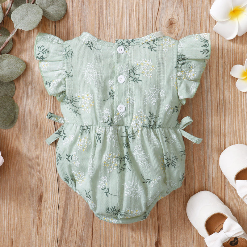 0-12M Baby Girl Rompers Flying Sleeve Drawstring Print Triangle Wholesale Baby Clothes - PrettyKid