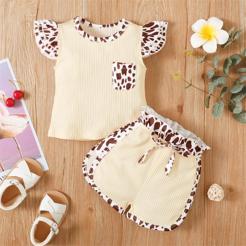 Baby Girl Ruffle Armhole Leopard Print Top & Ribbed Shorts - PrettyKid