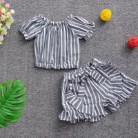 Toddler kids girls striped doll shirt lace shorts set - PrettyKid