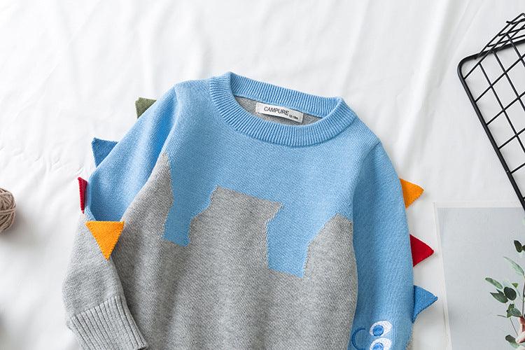 Toddler Kids Boys Knitted Jacquard Embroidered Dinosaur Shaped Sweater - PrettyKid