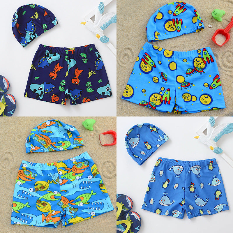Toddler Boys Cartoon Printed Swimming Trunks and Swimming Cap Two Pieces Set - PrettyKid